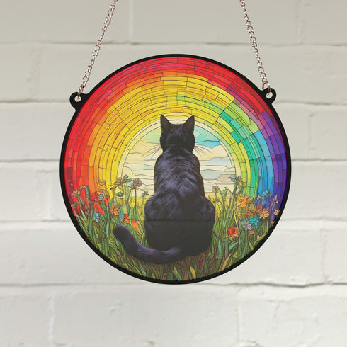 Black Cat Rainbow Bridge Stained Glass Effect Suncatcher